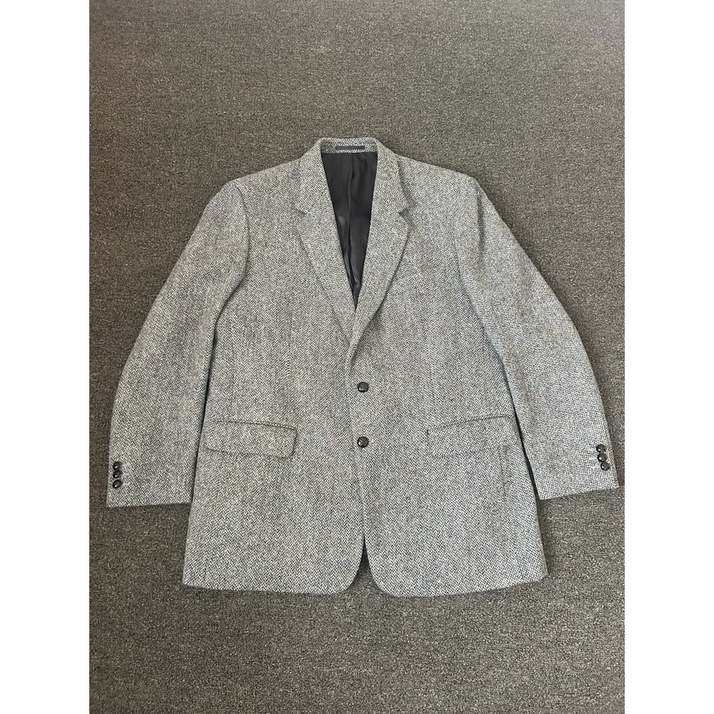 Harris Tweed Herringbone Wool Blazer Gray Mens Size 46 Long Hand Woven Casual